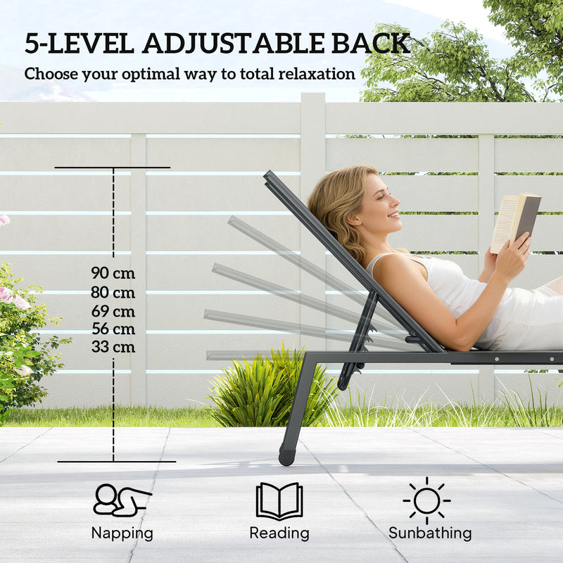 Outsunny Sun Loungers Set of 2 with Side Tray Table, Garden Recliners with 5-Position Adjustable Backrest, 2 Wheels, Grey AOSOM