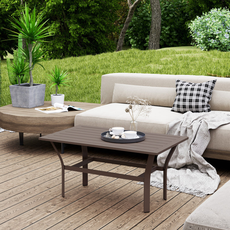 Brown Metal Garden Coffee Table with Slatted Top and Foot Pads for Outdoor Use by Outsunny