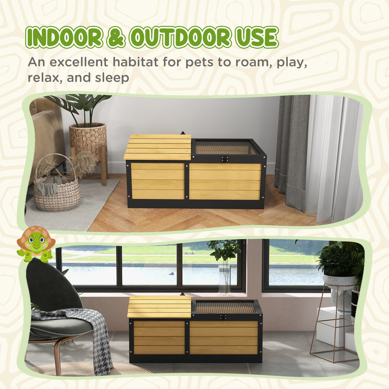 Wooden Tortoise House with Run and Hideout Ideal for Small Reptiles and Pets, Yellow