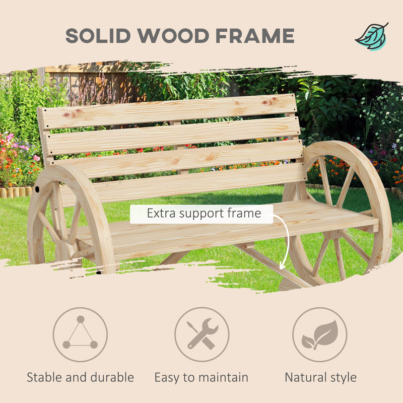 Rustic Wooden Garden Loveseat Bench With Wagon Wheel Armrests by Outsunny