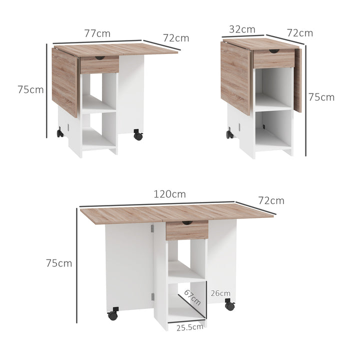 Folding Drop Leaf Dining Table with Drawer and Storage Shelves for Small Spaces Oak by HOMCOM