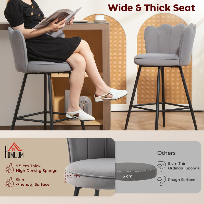Set of 2 Velvet Bar Stools with Swivel Seats and Curved Backrest for Kitchen, Grey