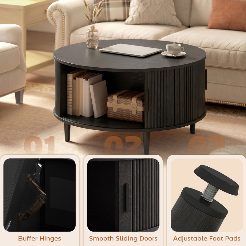 Round Coffee Table with Hidden Storage for Safer Family Living Room Black Wood Effect