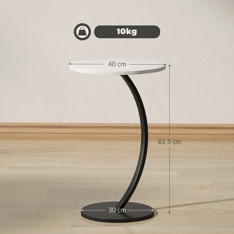 C Shaped Side Table with Marble Effect Top for Sofa or Bedside Use, White