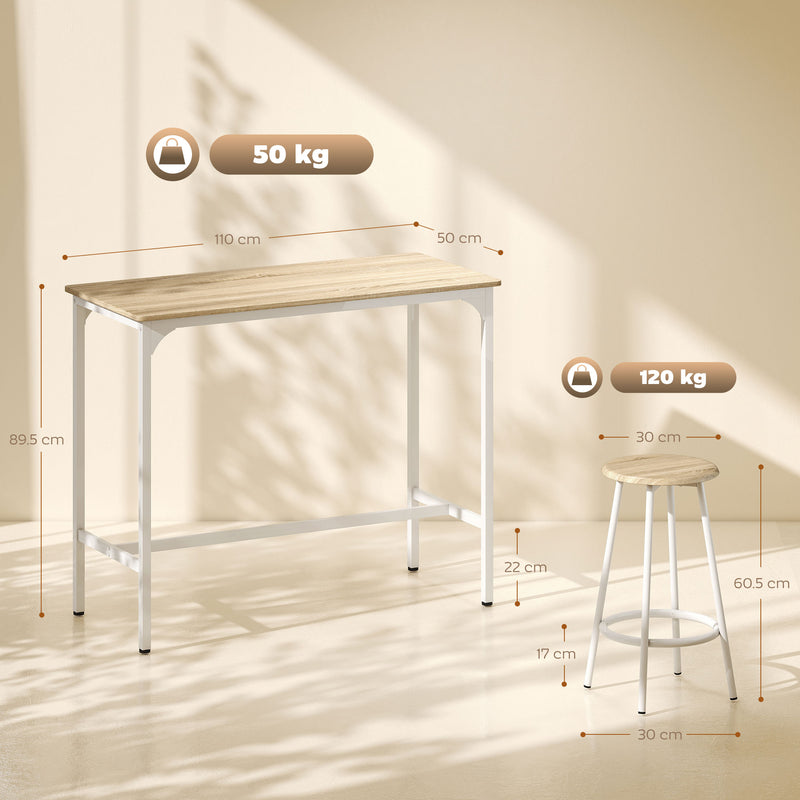 Breakfast Bar Table and Four Stools Set Space Saving for Small Kitchens Natural Wood White AOSOM