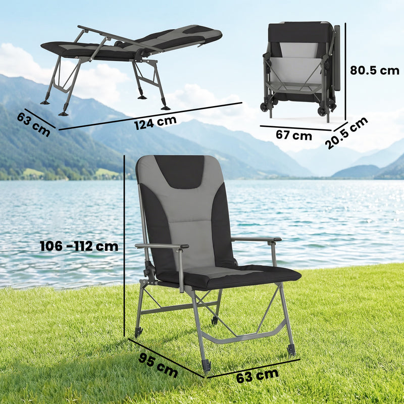 Folding Reclining Camping Chair for Fishing and Garden with Adjustable Legs Black Grey Outsunny
