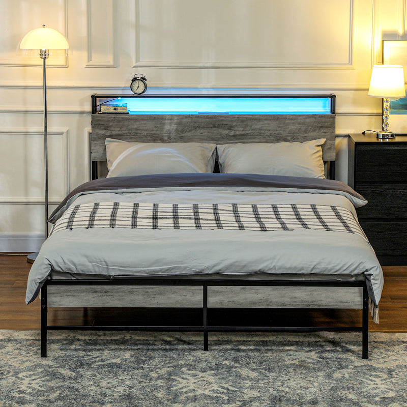 Grey Double Steel Bed Frame with LED Lights and Headboard Shelf by HOMCOM