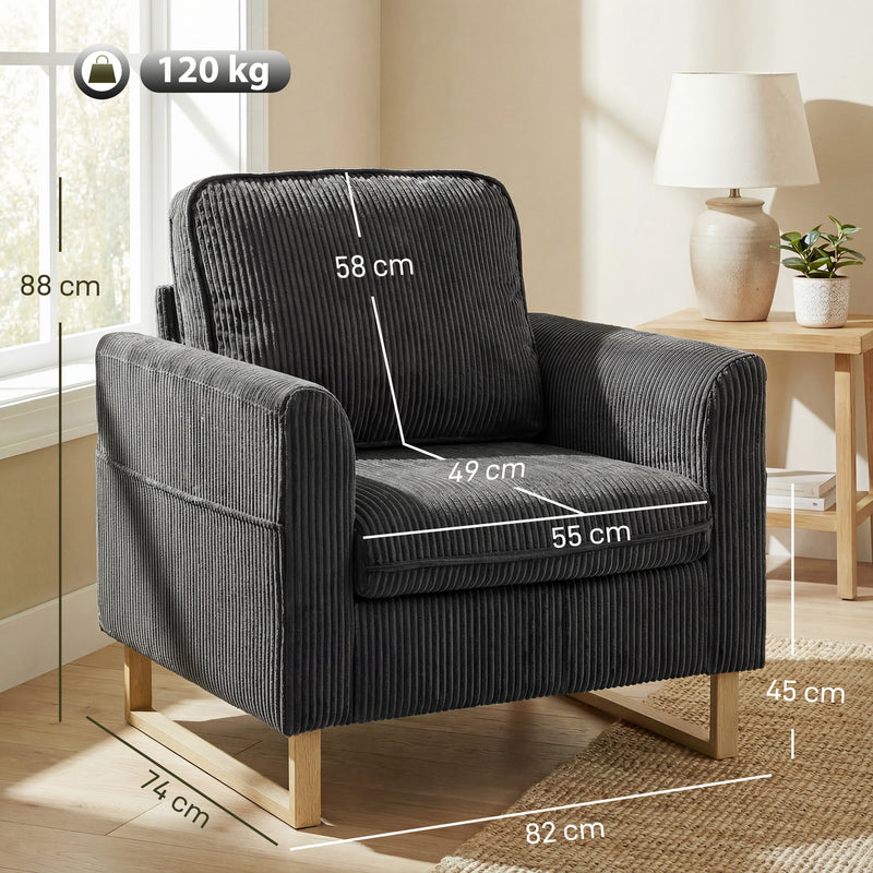 Armchair for Everyday Relaxation with Thick Cushion and Corduroy Upholstery Dark Grey AOSOM