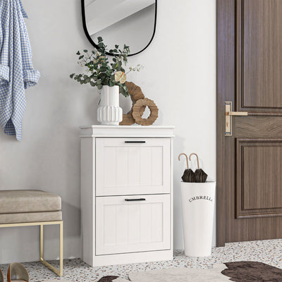 Two Drawer Slim Shoe Storage Cabinet Holds 10 Pairs Ideal for Hallways White