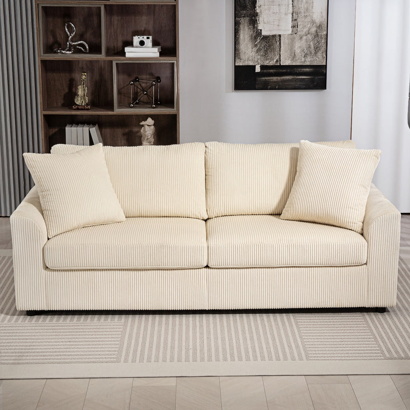 3 Seater Corduroy Sofa with Spring Cushion and Scatter Cushions for Living Room, Cream White