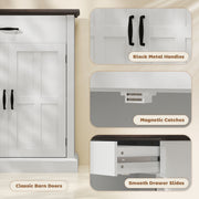 White Farmhouse Sideboard with Barn Doors and Thick Wooden Top for Kitchen Storage