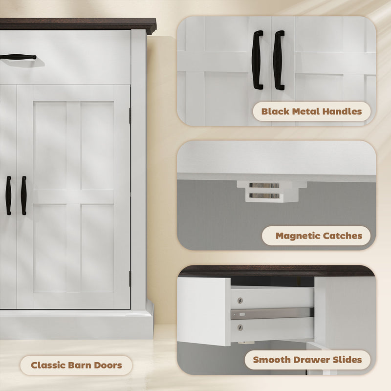 White Farmhouse Sideboard with Barn Doors and Thick Wooden Top for Kitchen Storage