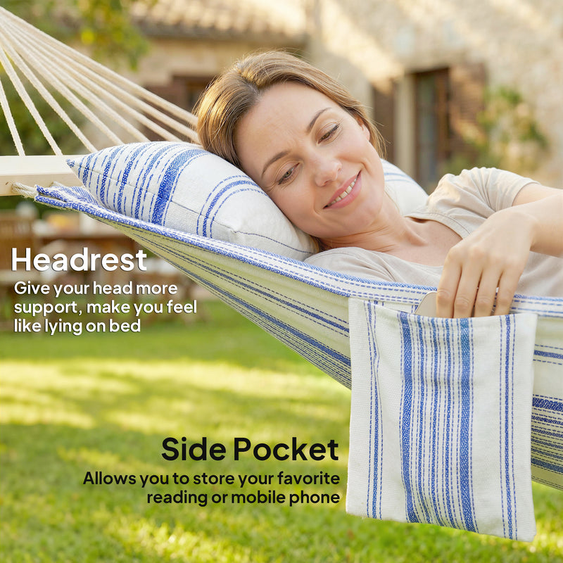 Garden Hammock with Headrest and Side Pocket for Outdoor Relaxation Blue and White Outsunny