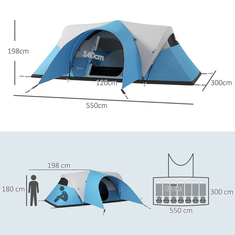Outsunny 3000mm Waterproof Camping Tent for 5-6 Man, Family Tent with Porch and Sewn in Groundsheet, Portable with Bag, Blue