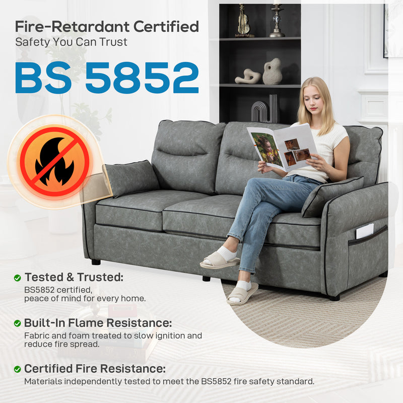 3 Seater Sofa, Dark Grey Faux Leather Sofa With Cushioned Seats For Lounge Or Living Room