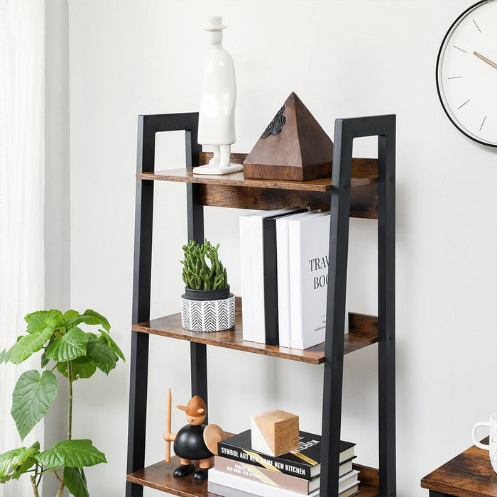 Image of a Vasagle 5 shelf ladder bookcase. This bookcase has a black steel frame with rustic brown shelve and a back panel to prevent items falling off.