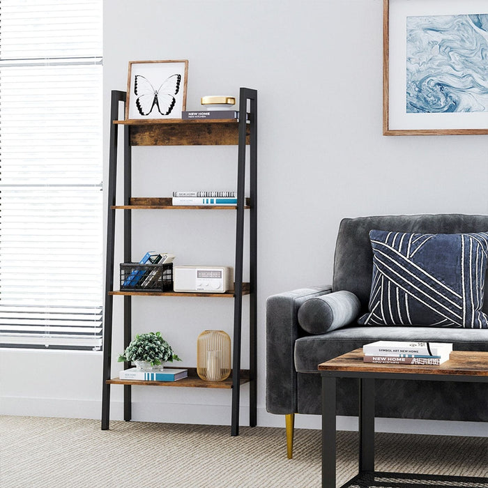 Image of a Vasagle 5 shelf ladder bookcase. This bookcase has a black steel frame with rustic brown shelve and a back panel to prevent items falling off.