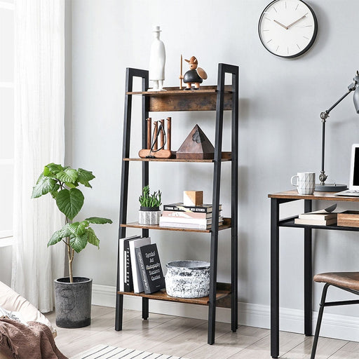 Image of a Vasagle 5 shelf ladder bookcase. This bookcase has a black steel frame with rustic brown shelve and a back panel to prevent items falling off.