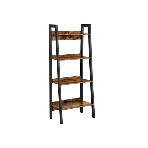 Image of a Vasagle 5 shelf ladder bookcase. This bookcase has a black steel frame with rustic brown shelve and a back panel to prevent items falling off.