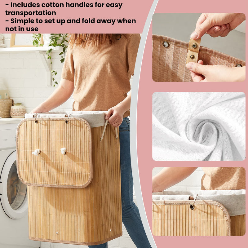 Foldable Bamboo Laundry Hamper with Lid and Handles 72L Clothes Basket by Songmics