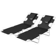 Foldable Sun Loungers Set of 2 with Reading Hole and Adjustable Backrest for Garden Black AOSOM