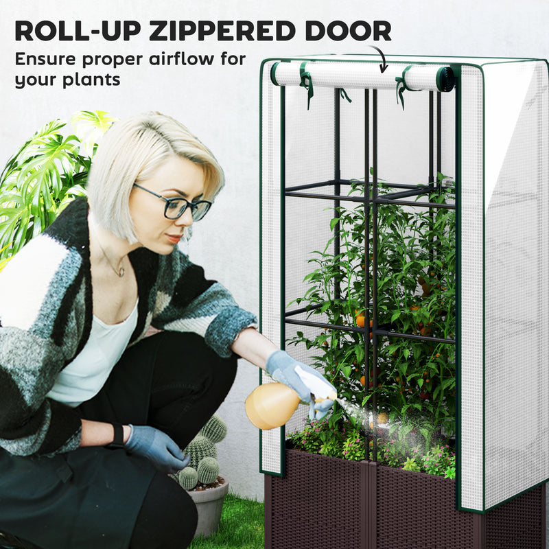 Raised Garden Bed with Trellis Plastic Planter Box with Drainage for Climbing Plants by Outsunny