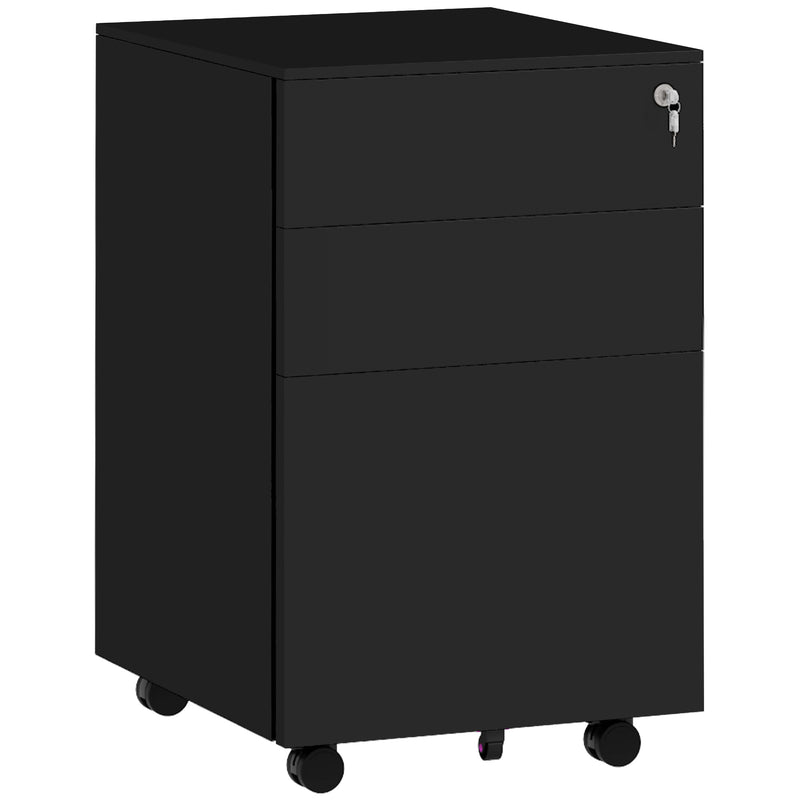 Steel Mobile Filing Cabinet 3 Drawers with Lock and Wheels Fits A4 and Legal, Black