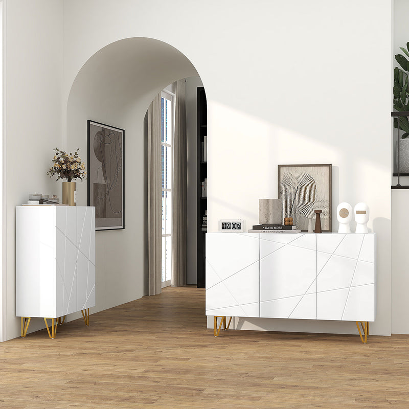 White High Gloss Sideboard Cabinet with Metal Hairpin Legs for Living Room Storage