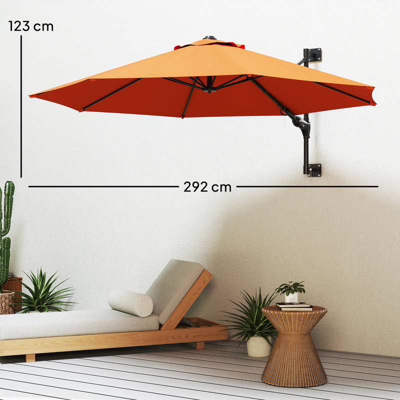 Orange 3 Metre Wall Mounted Garden Parasol with Easy Crank Handle for Shade by Outsunny