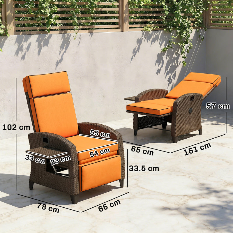 Garden Recliner Chair with Adjustable Backrest and Side Tray for Outdoor Relaxation Orange Outsunny