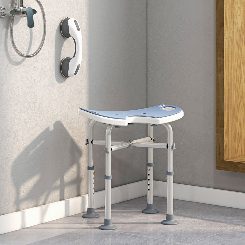 Height Adjustable Padded Shower Stool with U Shaped Seat for Bathroom Safety, Light Blue