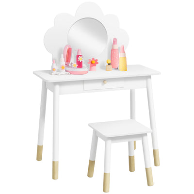White Kids Dressing Table with Mirror Stool and Drawer Cloud Design by AIYAPLAY AOSOM