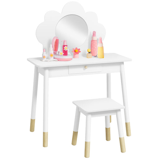 White Kids Dressing Table with Mirror Stool and Drawer Cloud Design by AIYAPLAY AOSOM
