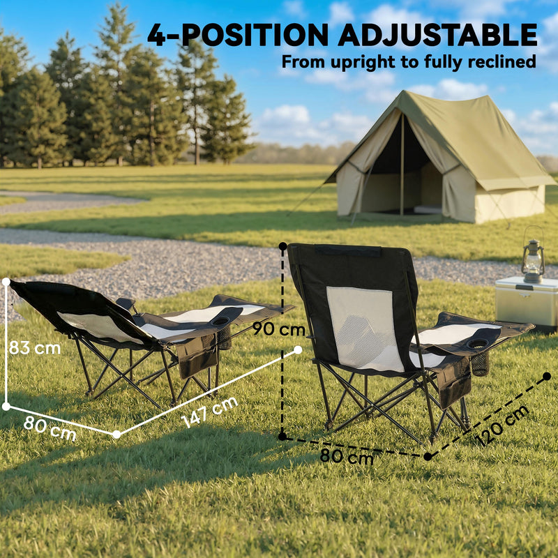 Set of 2 Reclining Camping Chairs with Adjustable Backrest and Cup Holder Black