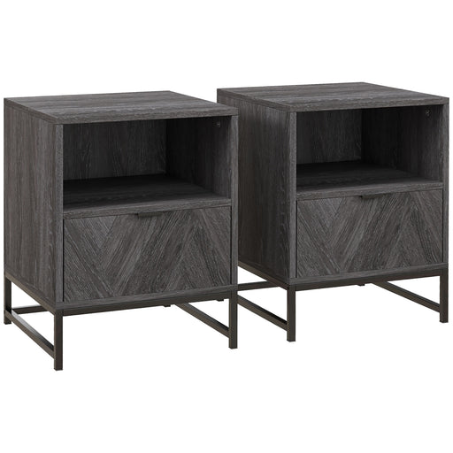 Set of 2 Bedside Tables with Drawer and Shelf Steel Legs for Bedroom or Lounge Dark Grey