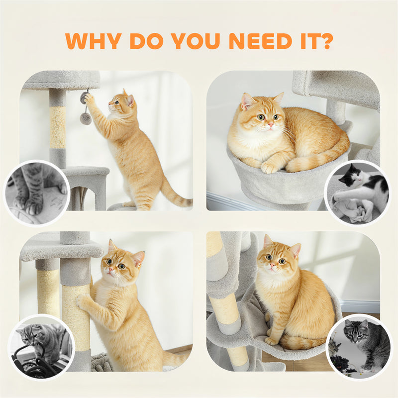 Tall Multi Level Cat Tree for Two or More Cats with Scratch Posts and Cosy Beds Light Grey