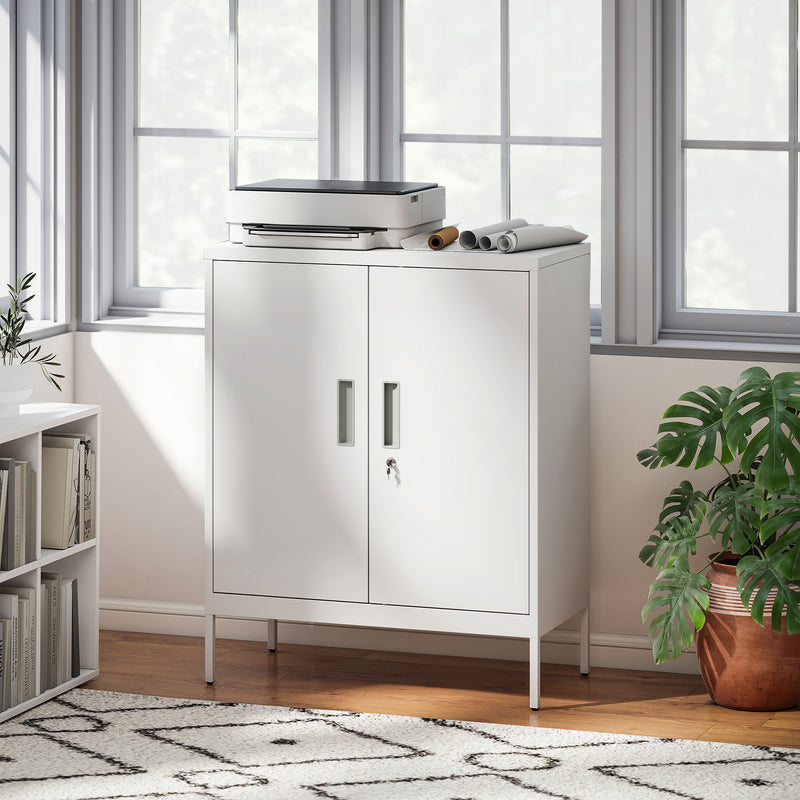 Metal Storage Cabinet With Lockable Doors And Adjustable Shelves For Office Use White