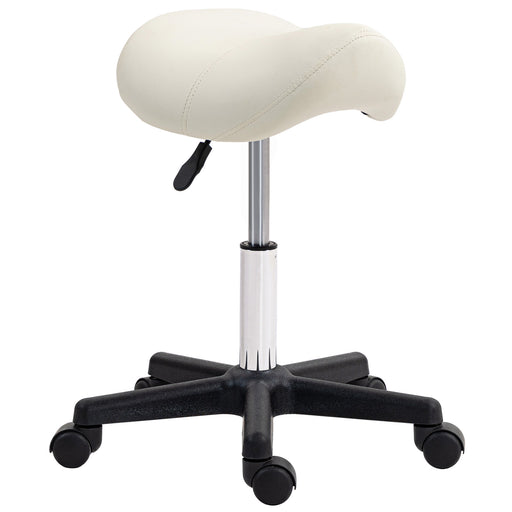Adjustable Saddle Stool with PU Leather Seat and Wheels for Salon or Spa Use White