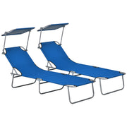 Set of 2 Blue Foldable Sun Loungers with 4 Position Adjustable Backrest and Sun Shade