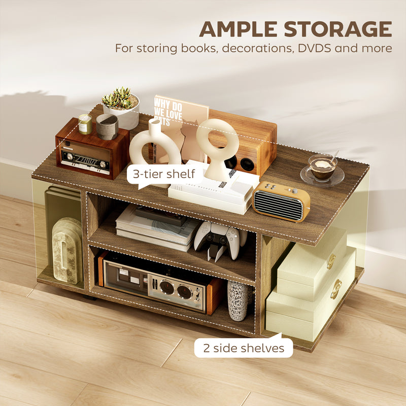 Modern TV Stand With Storage Shelves and Wheels for Bedroom or Living Room Walnut AOSOM