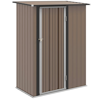 Brown wood effect 5x3ft Outsunny lean-to metal garden shed with the door closed