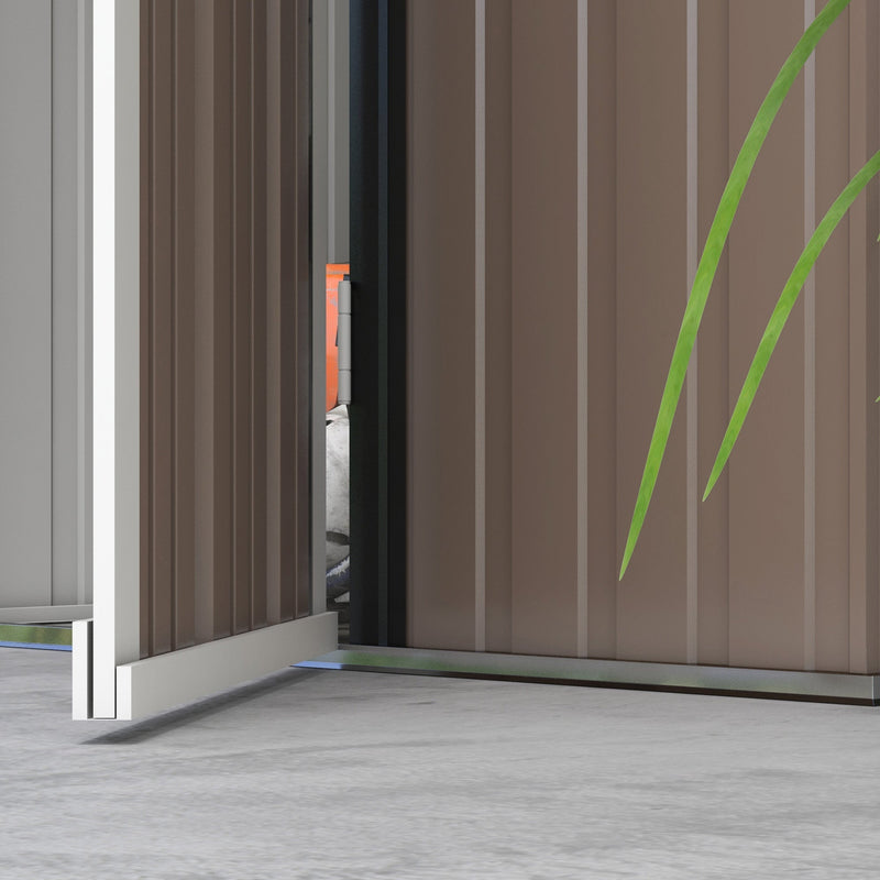 Close-up of the part-open door showing the brown grain-printed panels and door edge