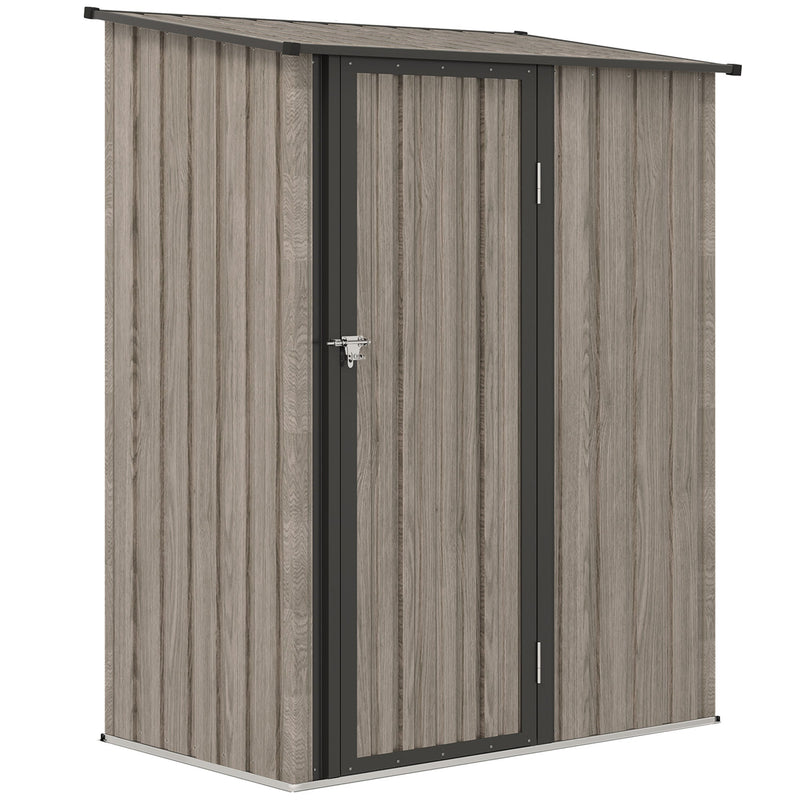Light grey wood effect 5x3ft Outsunny lean-to metal garden shed with the latch door closed
