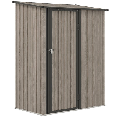 Light grey wood effect 5x3ft Outsunny lean-to metal garden shed with the latch door closed