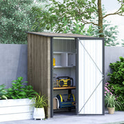 Shed against a grey wall with the door open showing shelves, a radio and power tools