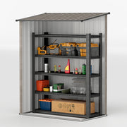 Cutaway view of the shed interior fitted with a four-tier shelving unit, which is not included