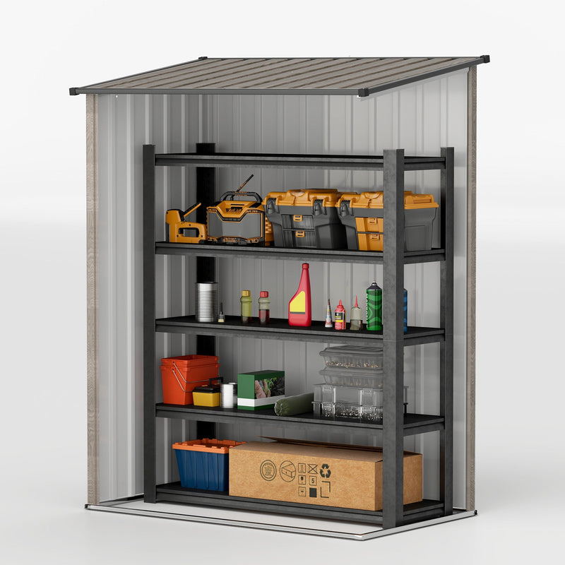 Cutaway view of the shed interior fitted with a four-tier shelving unit, which is not included