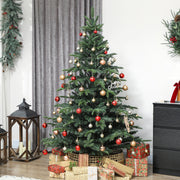 Decorated 5ft green Christmas tree with red and gold baubles above wrapped gifts