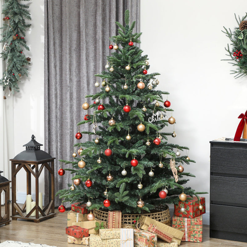 Decorated 5ft green Christmas tree with red and gold baubles above wrapped gifts