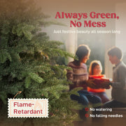 Flame-retardant graphic over green branches with a family by the tree